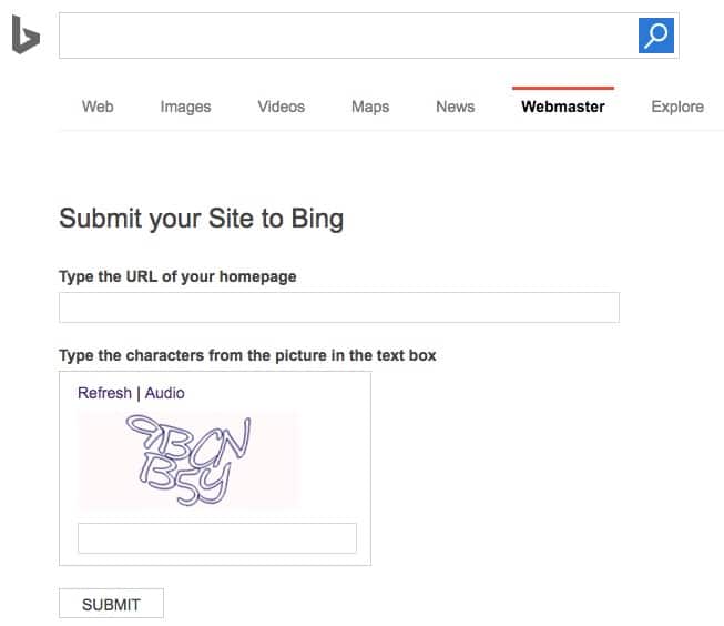 Formulário para adicionar seu site no Bing